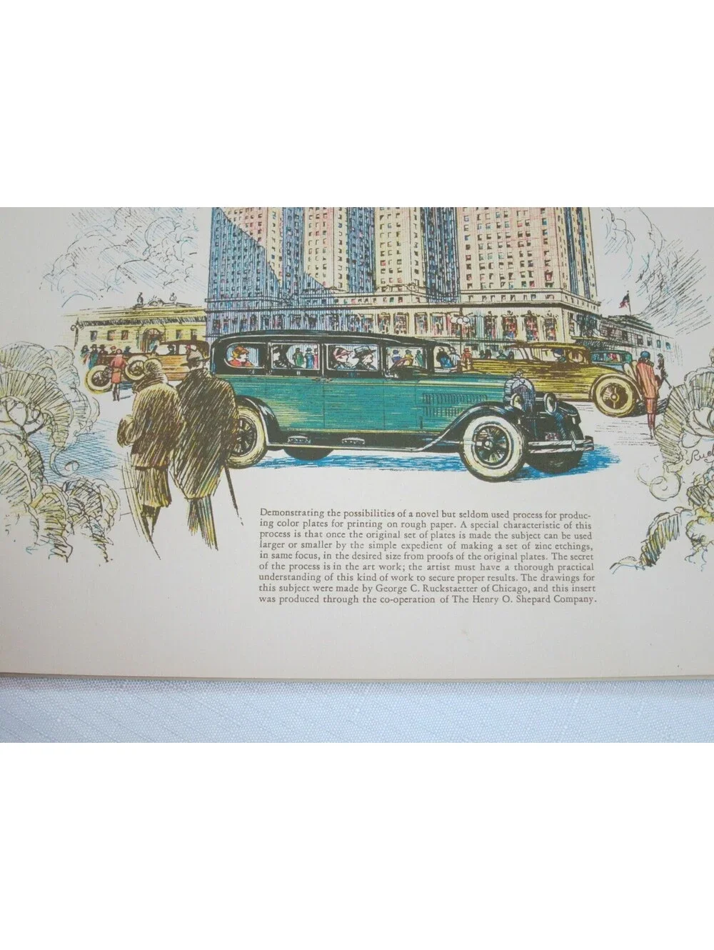 Vintage 1920s Chicago Art Print Automobiles & Skyscraper Buildings 9 x 12 RARE